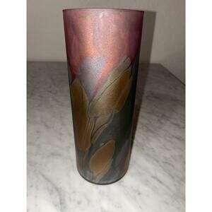 Rueven Hand Painted by Nouveau Art Glass Inc 9” Cylinder Vase Pink Blue
